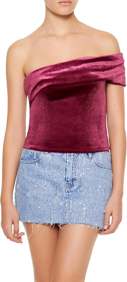 Forever 21 Womens Velvet One-Shoulder Crop Top (Small, Red)