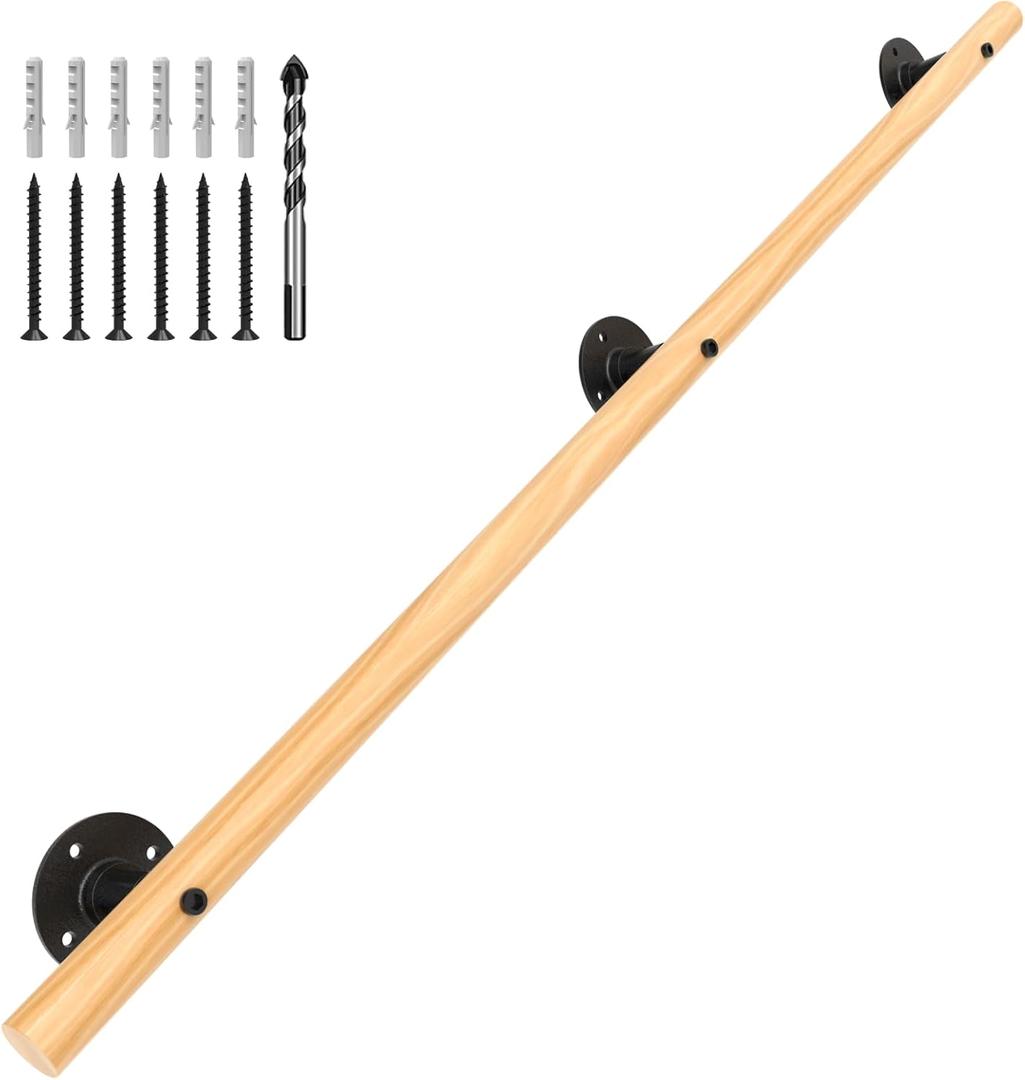 5 FT Wood Handrails for Indoor Stairs, Wall-Mounted Staircase Handrails for Indoor Outdoor Steps, Non-Slip Stairs Railing Indoor for Corridor, Lofts, Patio, Kindergarten Guardrail (Round Wood)
