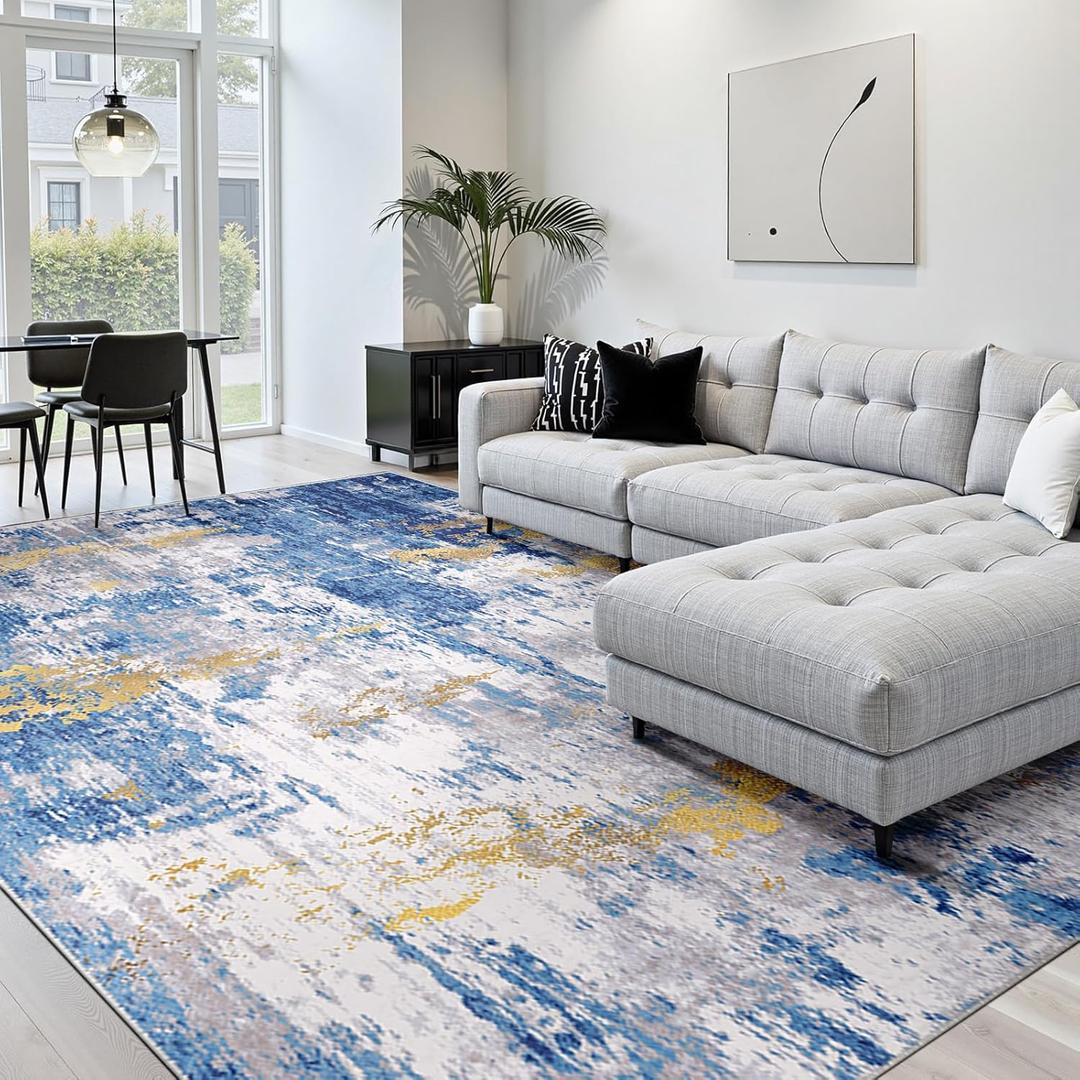 RELEANY Washable Area Rugs 10'x14' Non-Slip Modern Abstract Soft for Living Room Entryway Bedroom Nursery, Print Pattern, Grey Blue Gold/Golden
