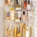 NATURE'S SOURCE Makeup Organizer for Vanity, 3-Tier Corner Bathroom Organizer Countertop with Makeup Brush Holder, Corner Counter Storage for Bathroom, Dresser, Kitchen（Clear