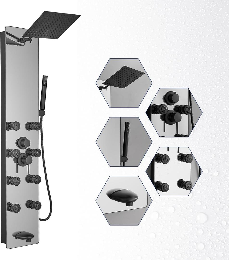 BWE Stainless Steel Shower Panel Tower System,Multi-Function Tempered Glass Shower Panel,Rainfall Shower Head Sprayer 8-Massage Jets with Tub Spout Hand Shower for Home Hotel Resort Split Type Black