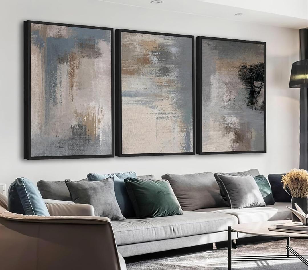 Large Framed Canvas Wall Art - Modern Grey Abstract Pictures for Living Room Aesthetic Rustic Wall Decor Black Float Framed Paintings Retro Prints for Bedroom Dinning Room 20" X 28" X 3 pcs