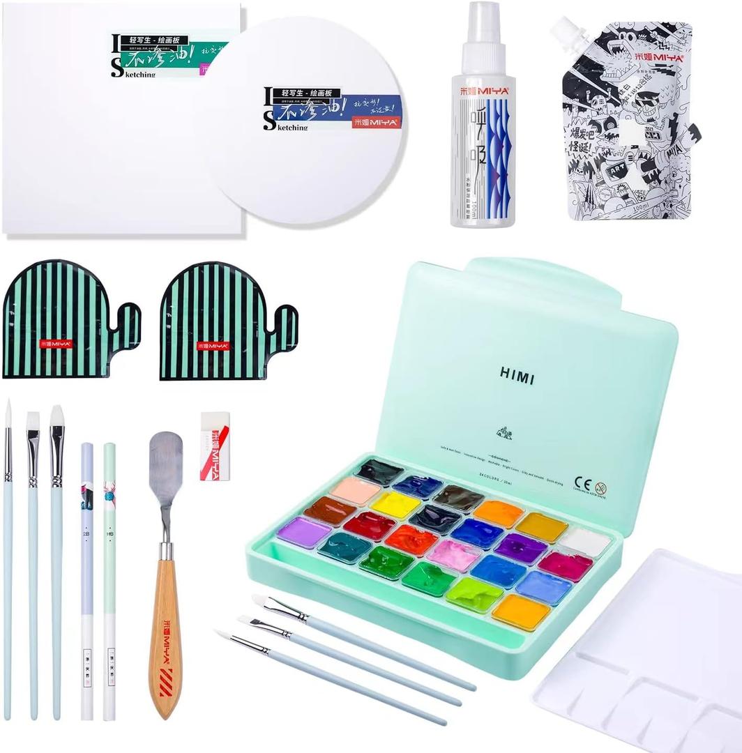 HIMI Gouache Paint Set, 41 Pcs Professional Art Painting Supplies Set with HIMI 24 Paints, 6 Paint Brushes, 2 Canvas Boards, Palette, Paint Knife, Moisturized Mildew Gouache Spray, and White Paint Refill(100ml), Great Paint Kit for Artist, Beginner, and Adults