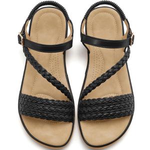 Aomigoct Dressy Womens Sandals Summer: Comfortable Strappy Flats Sandals Women - Casual Walking Woman Shoes, 8.5, Black