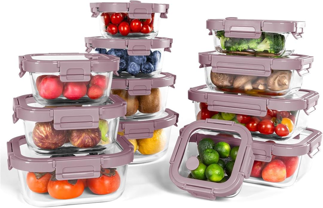 12-Pack Glass Containers with Tempered Lids Borosilicate, Oven-Safe(-4F~950F), Airtight, BPA-Free, Multi-Size for Meal Prep, Dishwasher Safe, 1.6 cups to 6.4 cups (Pink)