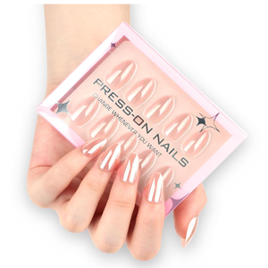 Laser Nude Press on Nails Medium Almond Fake Nails with Design Shiny Aurora Glue on Nails Full Cover Spring Nail Glossy Reusable 30pcs -15Sizes Solid Chrome False Nail for Women Girls Manicure, March GD 17