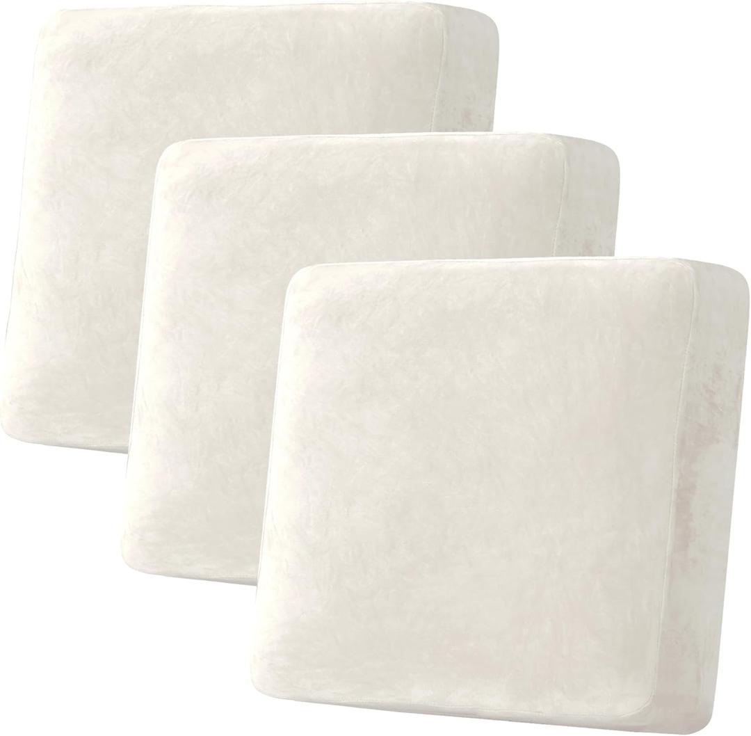 H.VERSAILTEX Velvet Stretch Couch Cushion Cover Plush Cushion Slipcover for Chair Loveseat Sofa Cushion Furniture Protector Seat Cushion Sofa Cover (3 Piece XL Sofa Cushion Covers, Porcelain)