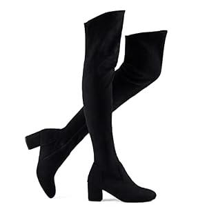 Shoe'N Tale Women Stretch Suede Chunky Heel Thigh High Over The Knee Boots(6.5, Black-Mid Heel)