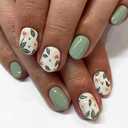 Spring Press on Nails - Short Square Fake Nails with Flower & Leaf Designs, Green False Nails Full Cover Summer Glue on Nails Reusable Stick on Nail for Women Manicure 24Pcs
