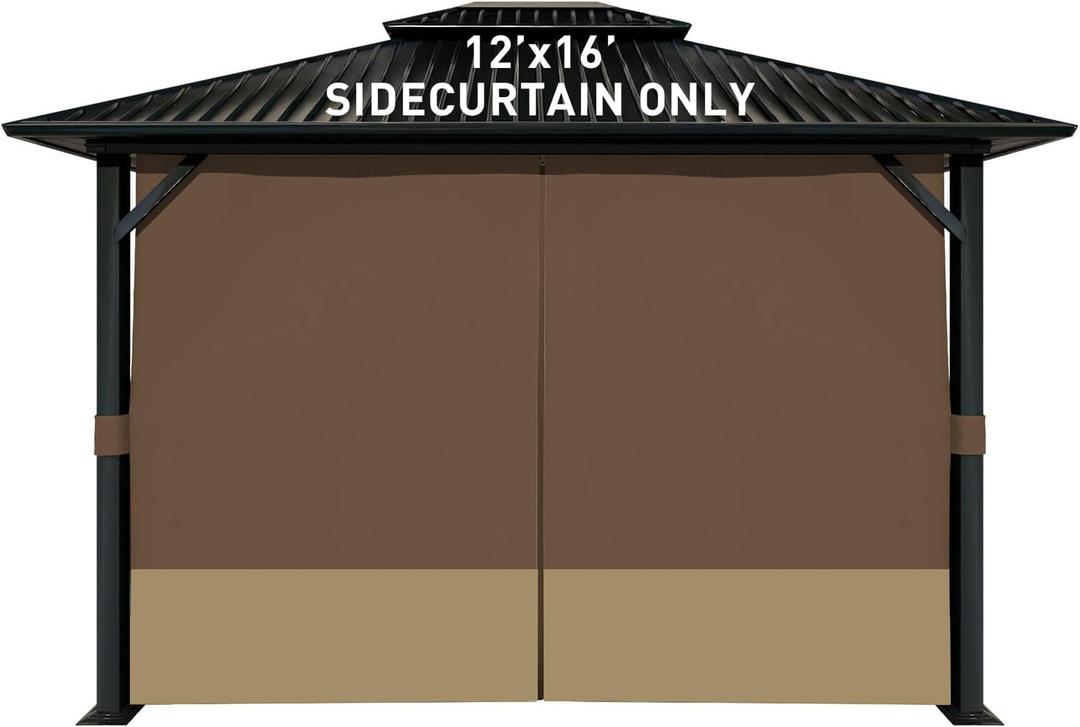 Aoodor 12x16 ft Outdoor Gazebo Curtains, 4 Panels Waterproof Privacy Sidewall Replacement with Zipper for Patio Pergola and Canopy, Brown and Khaki