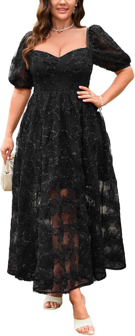EYWOL Formal Wedding Guest Cocktail Plus Size Dress M-3XL, Floral Embroidered, Hide Tummy A-Line for Curvy Women (Black, M)