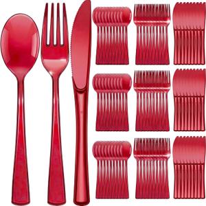 Minatee 150 Pieces Disposable Cutlery Set Plastic Silverware Heavy Duty Utensil Sets 50 Forks 50 Knives 50 Spoons for Home Office School Party Picnics Restaurant Outdoor Events(Red)
