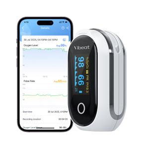 Rechargeable Pulse Oximeter Fingertip, Vibeat S6W Bluetooth O2 Monitor Finger with Real-Time Blood Oxygen Saturation & Heart Rate Tracking, Batteries and Lanyard Included