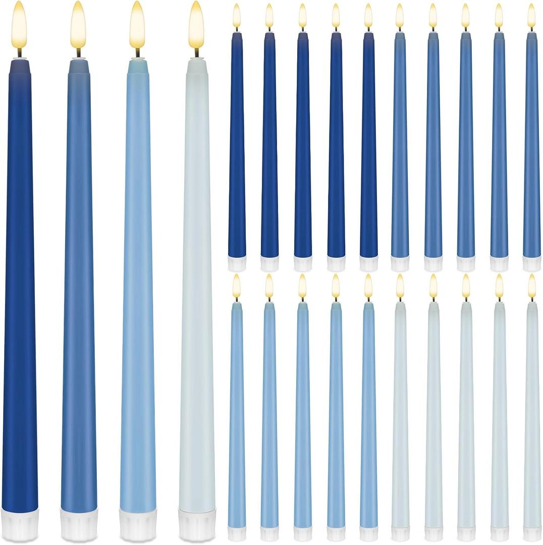 Baquler 24 Pcs 11'' Blue Flameless Taper Candles Battery Operated Candles LED Plastic Gradient Flickering Candlesticks for Wedding Church Dinner Home Christmas Party Decor
