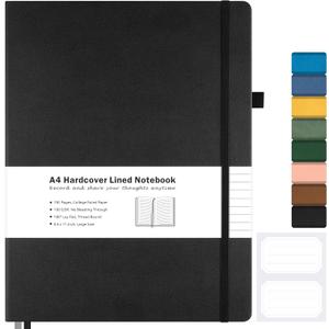 College Ruled Notebook, A4 Hardcover Leather Notebook for Work, Lined Notebook Journal for Women, Men, 192 Thick Paper, Lay Flat, Large Notebook with 2 Pockets, Professional Business Notebook, Black