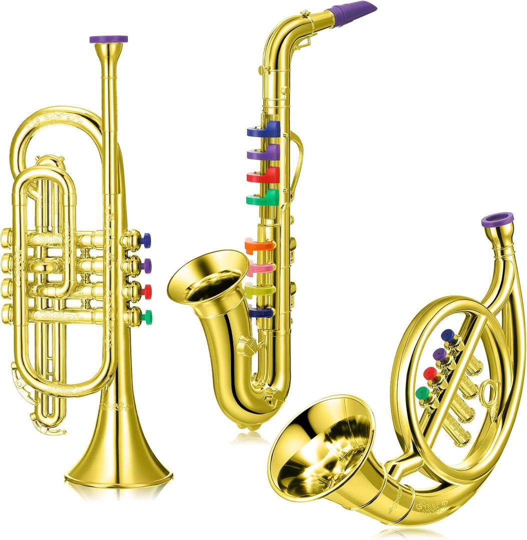 Treela Set of 3 Musical Instruments Saxophone Trumpet and Horn for Beginners 3 Wind and Brass Musical Instruments Combo with Colorful Keys Coded for Boys Girls (Gold)