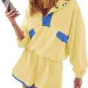 Quarter Button Sweatsuits Women Oversized Color Block Sweatshirts Sets Shorts Tracksuits 2025 Casual 2 Piece Outfits (Medium, Yellow)