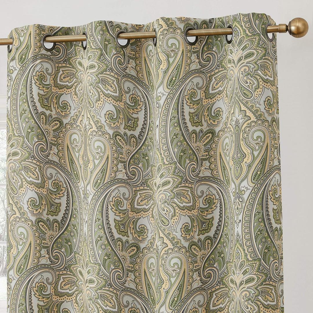 HLC.ME Paris Paisley Decorative Print Damask Pattern Light Reducing Grommet Window Curtain Panels for Bedroom - Set of 2 (50 W x 84 L, Sage Green)