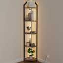 70 Inch Corner Shelf with LED Lights, 5-Tier Corner Bookshelf for Small Spaces, Wood & Metal Storage Rack for Bedroom, Living Room, Office - Modern Space Saving Design- Grey