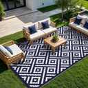 GENIMO Outdoor Rug for Patio Clearance, 10'x14' Waterproof Large Camping Mat, Reversible Plastic Straw Rugs for RV, Camper, Balcony, Backyard, Picnic, Deck (Navy Blue & White)