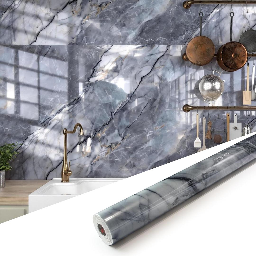 Marble Peel and Stick Waterproof Wall Paneling, 118" x 47" Pietra Grey Glossy Finish Self-Adhesive Backsplash Tile Vinyl Wall Panel for Kitchen Bathroom Wall Decor, Covers 38.75 Sq. Ft.
