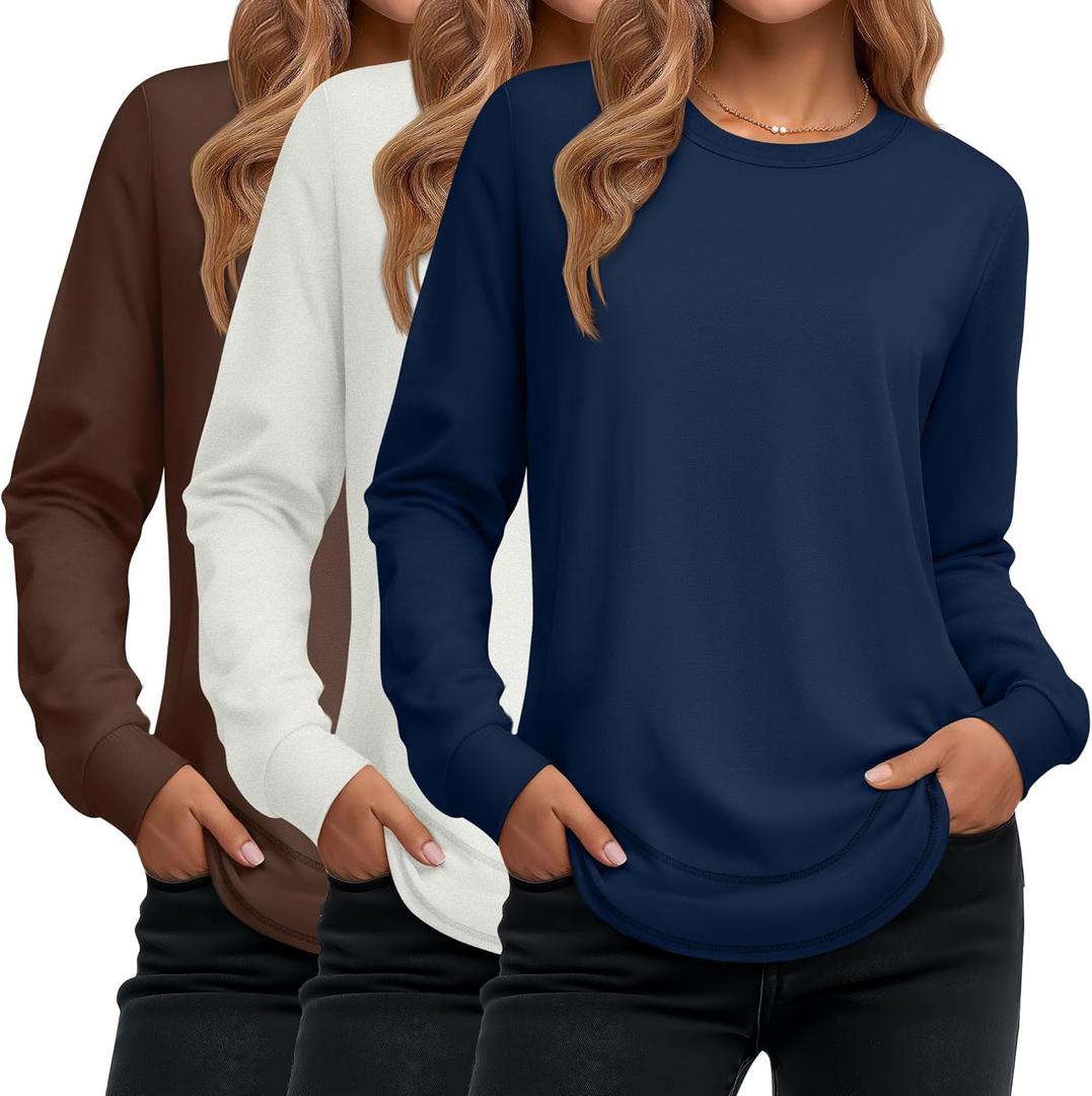 Ficerd 3 Pack Women's Long Sleeve Shirts, Cotton Crew Neck Tunic Tops Casual Loose Fit Pullover Sweatshirts Curved Hem Shirts (Medium, Red Brown, Warm White, Navy Blue)