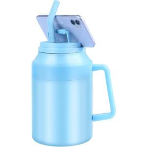 50 OZ Insulated Tumbler with Handle and Straw,Vacuum Insulated Stainless Steel Water Bottle Thermal Cups with Lid & Phone Holder, Large Water Jug for Camping, Exercising, Studying and Working (Blue)