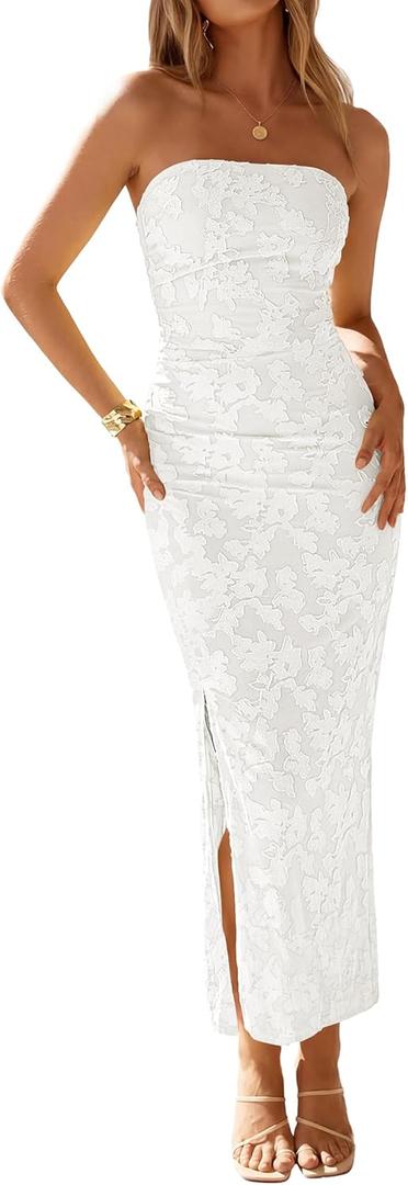 ZESICA Womens 2026 Summer Floral Strapless Maxi Dress Bodycon Side Slit Mesh Formal Cocktail Party Wedding Guest Long Dresses (White, XL)
