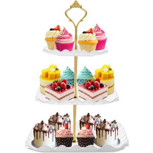 Dessert Cupcake Stand, 3 Tier Cup Cake Holder Tower for Tea Party/Birthday/Weeding, Plastic Tiered Serving Tray with Metal Rod, White