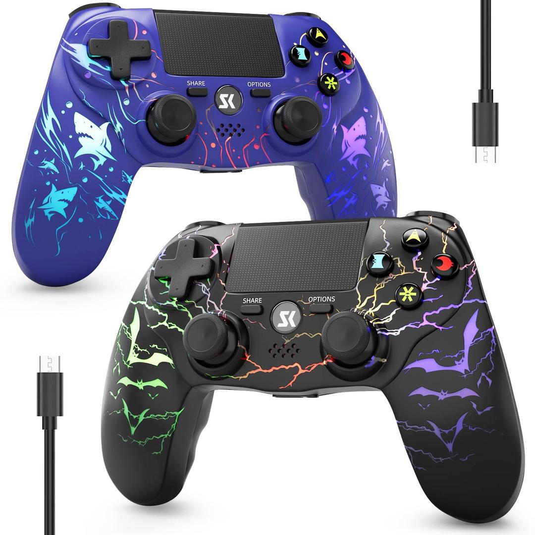 ISHAKO 2 Pack Controller for PS4, Wireless Controller for PS4/Pro/Slim/PC/Mac, Gaming Controller with RGB Lighting, 1000mAh Battery, Double Vibration, 6-Axis Motion Control (Purple&Black, 2Pack)