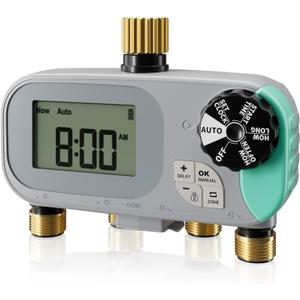 QUOBAS Sprinkler Timer for Garden Hose with Child Lock, Programmable Brass Digital Water Timer 4 Zone for Drip Irrigation, Pool, with Rain Delay/Auto/Manual, Waterproof Screen & Battery Powered