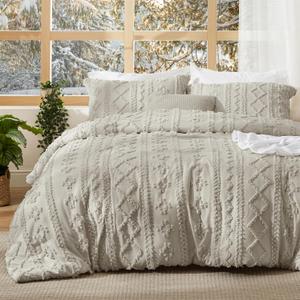 Bedsure Tufted Boho Comforter Set Oversized King - Linen Boho Bed Set, GentleSoft 3 Pieces Farmhouse-Style Embroidery Bedding, Gifts for Woman, Soft Jacquard Comforter for All Seasons