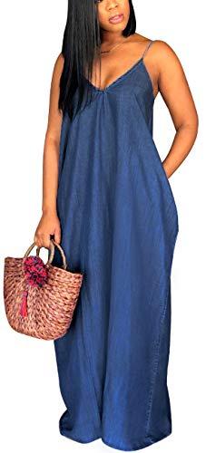 Long Maxi Dresses for Women Sexy Navy Denim Beach Summer Dress Casual Spaghetti Strap Sundress with Pockets(X-Large) Navy Denim