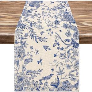 AnyDesign Blue and White Table Runner 13 x 72 Inch Monochrome Sketch Birds Flower Table Cover Retro Floral Kitchen Dining Table Decoration for Home Party Restaurant Decor Supplies