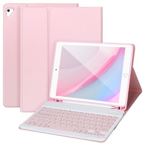 APHBZGE for iPad 6/5th Generation Case with Keyboard 2018/2017,Detachable Bluetooth Keyboard case for iPad Air 2/1,iPad Keyboard Case 9.7 inch with Pencil Holder,Square Keycaps,Pink