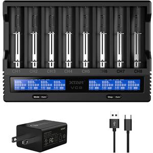 8 Slots 18650 Battery Charger XTAR VC8 Charger USB C 3A Fast Charger 21700 Battery Charger with LCD Display for 3.6V 3.7V Li-ion 10440 18700 26650 1.2V Ni-MH AA AAA C Full Set with QC3.0 Wall Charger