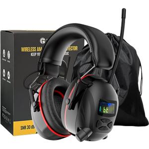 Bluetooth 5.4 Hearing Protection AM FM Radio Headphones with Digital Display, 30 SNR Noise Reduction Safety Earmuffs with Rechargeable 2000 mAh Large Battery, Ear Protector for Mowing Lawn Work (Black)