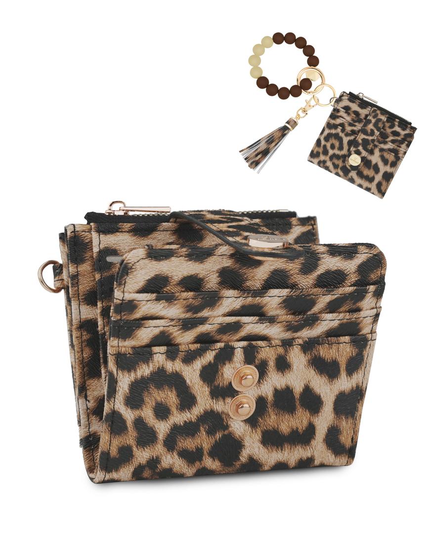 Small Wristlet Wallets for Women Keychain Wristlet Wallet RFID Blocking Key Chain Wallet With Zipper Coin Pocket,2 Id Window (Leopard)