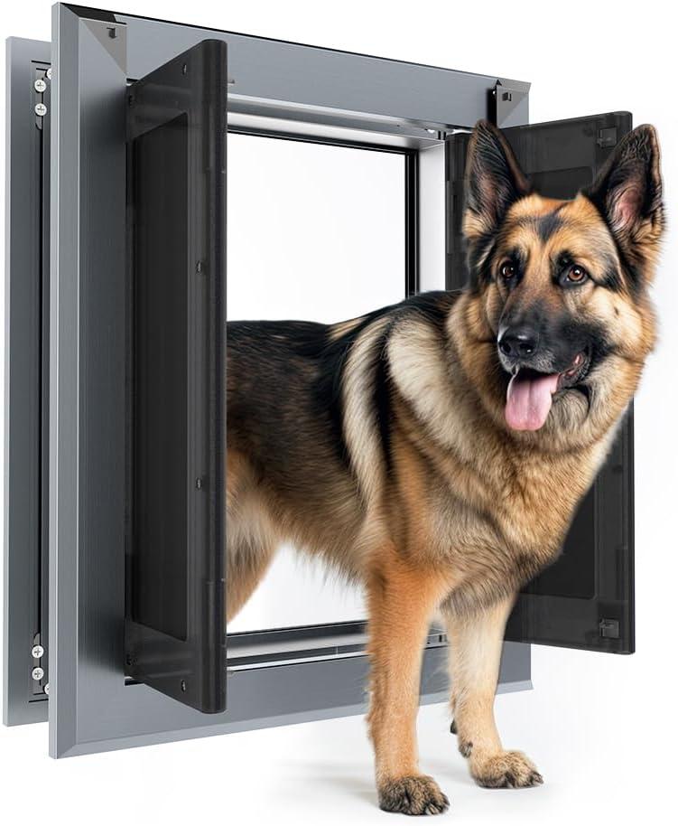 Aluminum Large Dog Door for Exterior Door with Strong Double Magnetic Flaps,French Dog Door for Large and Medium Dogs Up to 120LBS(Gray)