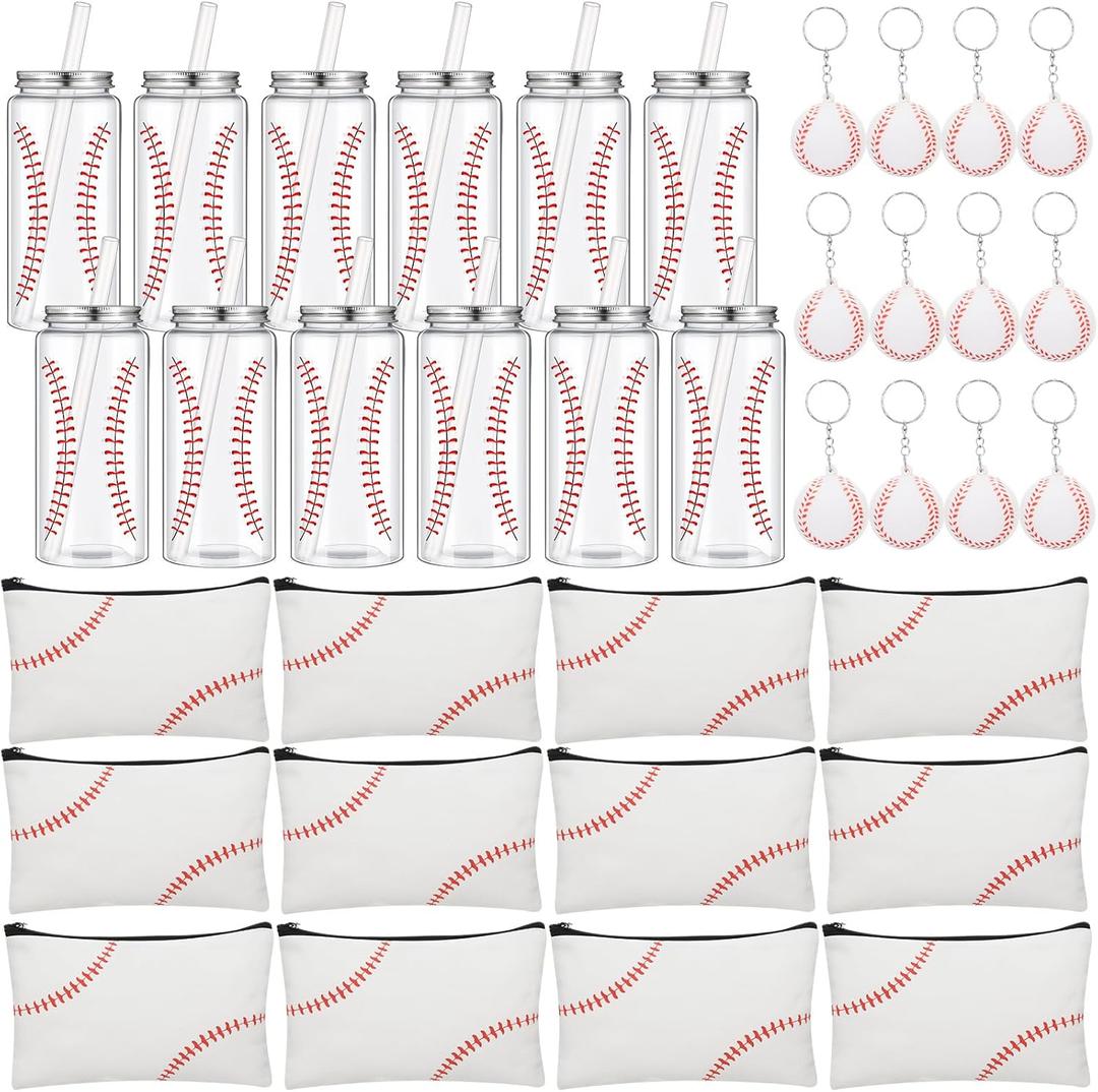 36 Pcs Baseball Cups Gift Sets Baseball Team Gifts Bulk Party Favors 13.5oz Reusable Plastic Tumbler Cups with Lid and Straw Cosmetic Bags Keychains for Sports Birthday Party Supplies