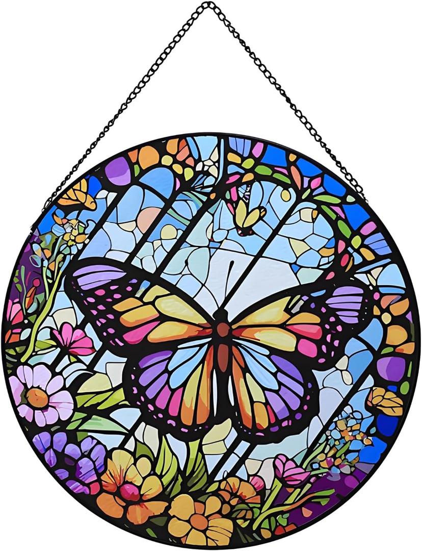 Butterfly Stained Glass Window Hanging,20cm/7.87inch Hand-Painted Sun Catcher Garden Hangings for Doors Home Christmas Mother's Day, Valentine's Day Ornaments Festival Gift (A Style)