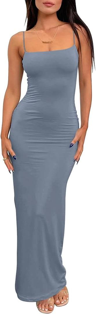 LILLUSORY Womens Summer Casual Slip Dresses Spaghetti Strap Double Lined Bodycon Maxi Dress (Dustyblue), XL