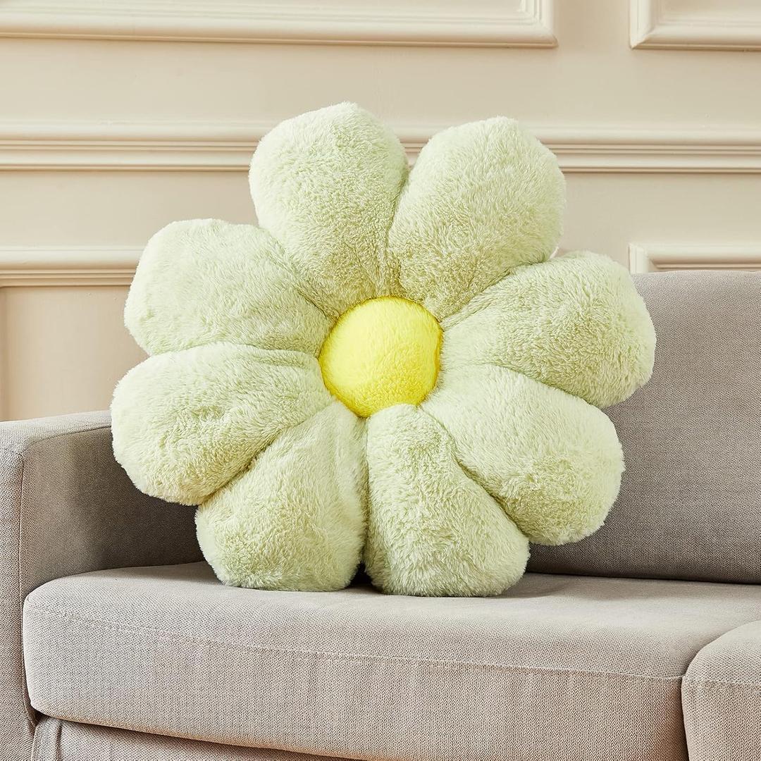 Large 20" Flower Pillow Floor Pillow Seat Cushion  Faux Rabbit Fur Plush Throw Pillow, Cozy Floor Cushion & Gift for Kids Adults (Green)