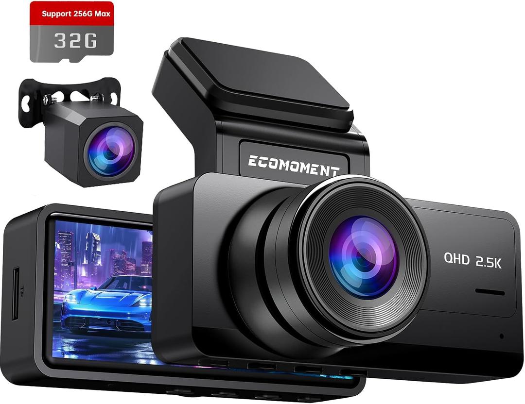 Dash Cam Front and Rear, 2.5K+1080P Dual Dash Camera for Cars, Ecomoment Car Camer with 3.16" IPS Screen, 170 Wide Angle, Night Vision, G-Sensor, 24H Parking Monitor, 32GB SD Card Included, S70 (Black)