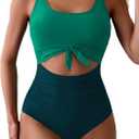 Eomenie Women's One Piece Swimsuit Tummy Control Slimming Bathing Suit Cutout Tie Knot Swimwear (XX-Large, Green Color Block)