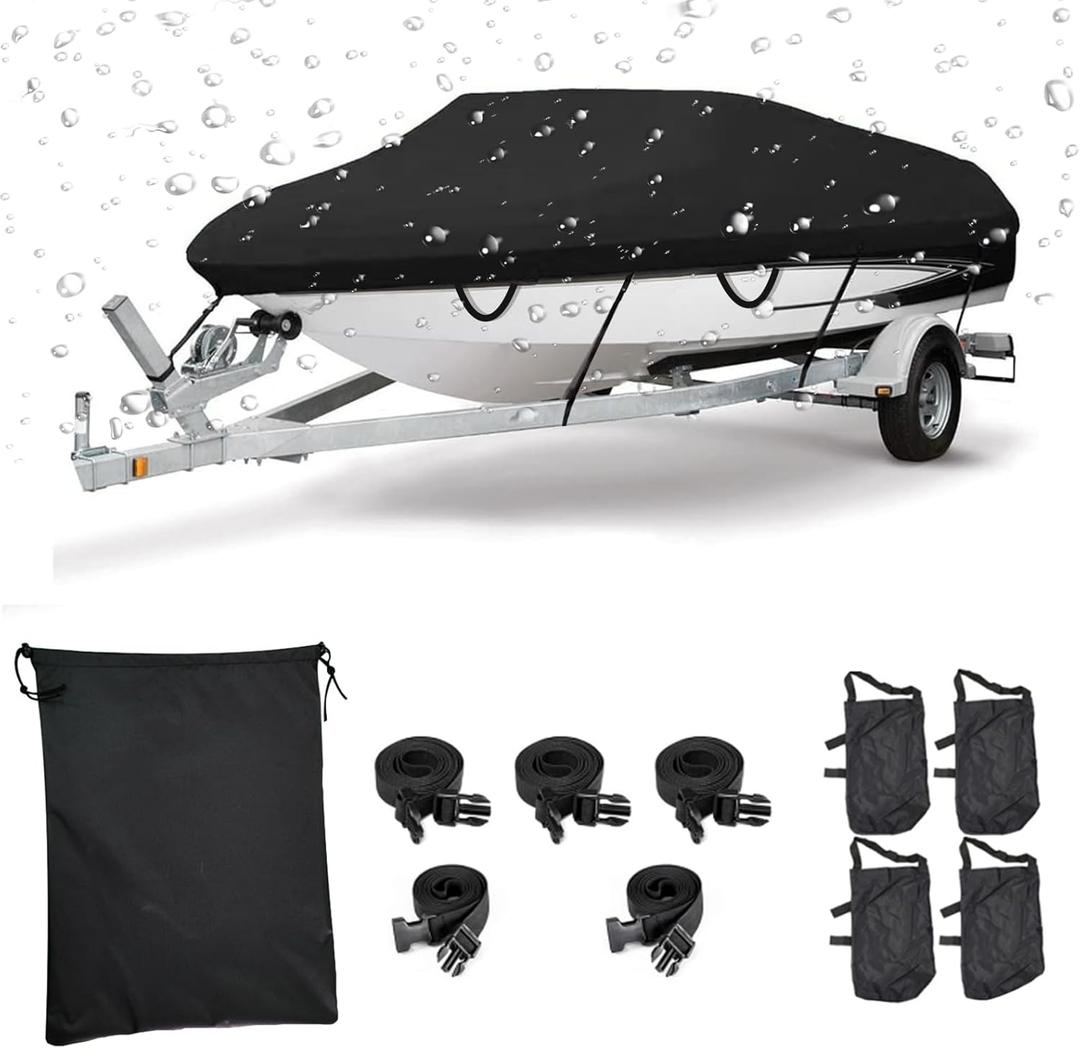 Boat Cover 17-19ft, Waterproof Trailerable Boat Cover, Heavy Duty UV Resistant Marine Grade Polyester Canvas, Fits 17-19ft V-Hull, Tri-Hull, Fishing Runabout Boat with Tightening Strap (17-19 ft, Beam width up to 96")