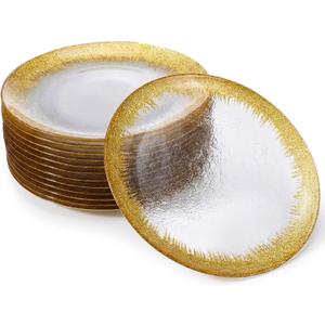 12 Pcs Gold Glass Charger Plates 13 Inch Elegant Gold Rim Glass Charger Plate for Wedding Party Banquet Occasions Birthday Celebrations Home Event Tabletop Upscale Decoration Dinner Kitchen, 13 inches/ 33.02 cm