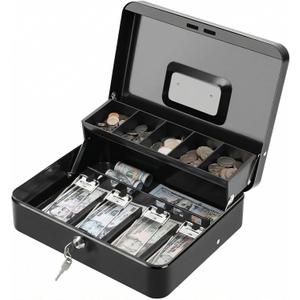 KYODOLED Cash Box with Key Lock, Metal Cash Drawer with Auto-Pop Coin Tray & Hidden Storage, Portable Money Box with Windproof Bill Clips for Small Business Yard Sales, 11.8x9.45x3.54 Inch, Black