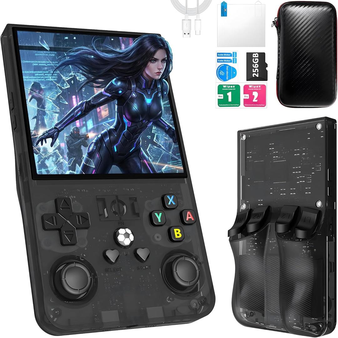 R36MAX Handheld Game Console, 40000+ Games Retro Gaming Console, 256GB TF Card Mini Retro Video Console, 4000mAh Rechargeable 4.0" IPS HD Screen Portable Pocket Arcade (Transparent Black)