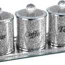 JUXYES Set of 4 Sparky Glass Crushed Diamonds Canisters Set for Sugar Coffee Tea Features Tray, Luxurious Storage Containers Sets with Lids Decorative Storage Pots for Kitchen Counter Dining Room
